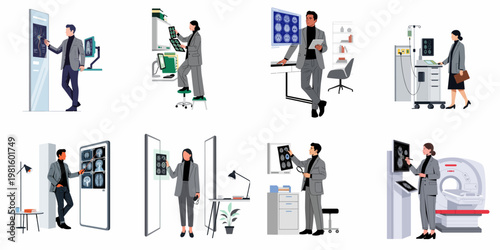 Set of illustrations showing male and female radiologists analyzing brain MRI and CT scan results in various modern medical environments.