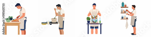 Set of flat illustrations showing a man in an apron engaged in various kitchen activities like cooking, chopping, tossing salad, and organizing the pantry.