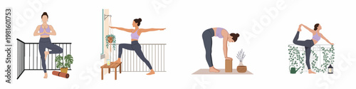 Collection of flat illustrations depicting a young woman practicing various yoga poses on a balcony for home wellness and relaxation.