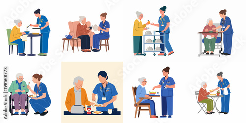 Set of illustrations showing female caregivers in blue uniforms assisting elderly women with meals and drinks in various healthcare and home settings.