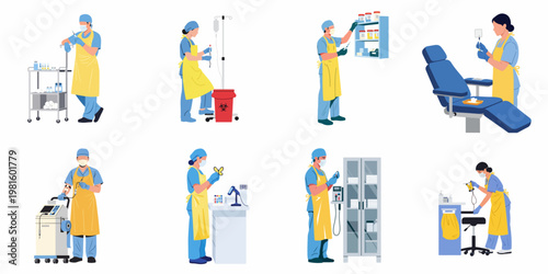 Set of Vector Illustrations Featuring Medical Staff in Uniforms and Protective Gear Performing Clinical Tasks and Using Hospital Equipment