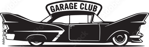 Vintage car, classic automobile, black and white illustration, Garage Club logo