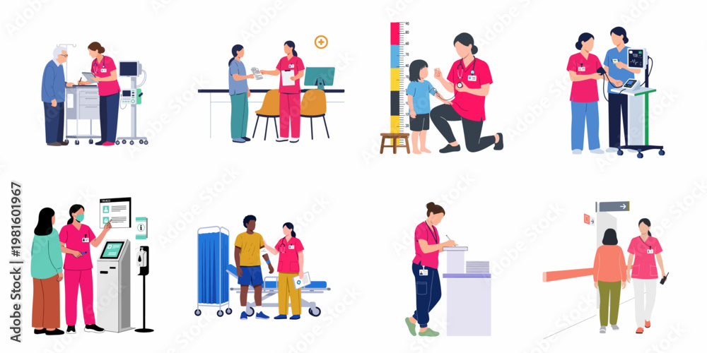 Fototapeta premium Set of flat illustrations depicting nurses and healthcare professionals assisting various patients in a modern hospital or clinic environment.