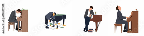 Set of flat vector illustrations depicting a male pianist experiencing different stages of the creative process, including exhaustion, frustration, and moments of inspiration.