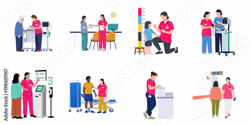 Set of flat illustrations depicting nurses and healthcare professionals assisting various patients in a modern hospital or clinic environment.