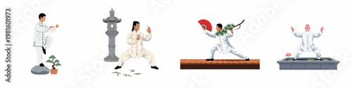 Vector illustration set of people practicing Tai Chi and Qigong in serene traditional Chinese garden settings with bonsai, lotus ponds, and stone lanterns.