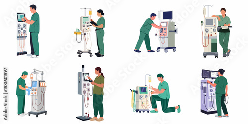 Flat vector illustrations of healthcare professionals in green scrubs operating advanced dialysis machines and monitoring blood treatments in a medical setting.