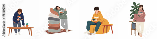 Set of flat illustrations featuring young people in hoodies using gadgets and playing video games while relaxing at home, isolated on white.