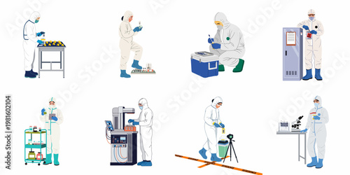 Professional characters in hazmat suits set, depicting scientific research, forensic investigation, and medical laboratory work in a flat illustration style.