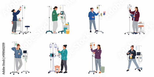 Collection of medical nurses and healthcare professionals managing IV drip stands and infusion pumps in a flat vector illustration style.