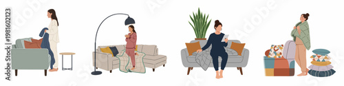 Collection of four illustrations depicting women relaxing at home in cozy pajamas with blankets, pillows, and comfortable furniture in a modern flat style.