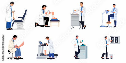 Set of professional podiatrist illustrations depicting various foot care procedures, medical examinations, and orthopedic treatments in a clinical environment.