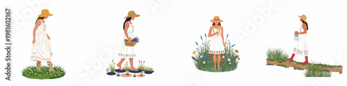 Fotografi Set of flat illustrations featuring a girl in a white dress and straw hat enjoying nature, walking through meadows and gathering flowers