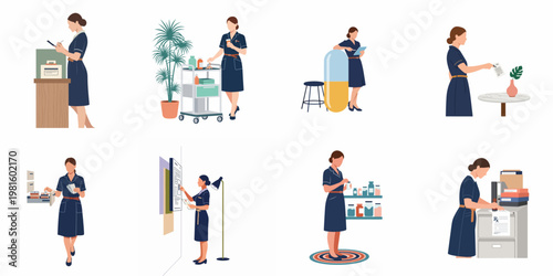 Flat vector illustration set of a professional female nurse or pharmacist performing various medical, clinical, and administrative tasks in a healthcare setting.