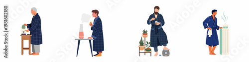 Set of men in robes enjoying aromatherapy with ultrasonic diffusers, humidifiers, and essential oils at home, promoting health and relaxation.