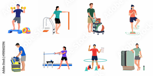 Set of diverse people engaged in various aquatic and gym fitness activities, featuring instructors, equipment organization, and exercise routines on a white background.
