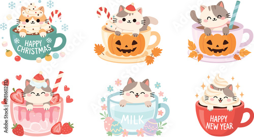 Foto Seasonal Cat and Cup Set with Holiday Themes for Christmas, Halloween, and New Y