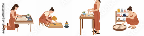 Set of illustrations featuring a woman practicing mindfulness and art therapy through Zen sand gardening, sand play, and creative activities for relaxation.