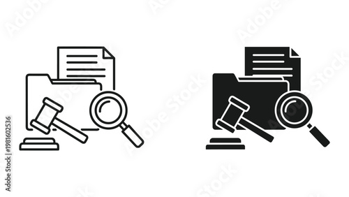 Legal scales gavel magnifier justice review icon
