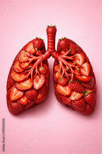Creative Surreal Strawberry Fruit Shaped as Human Lungs with Bronchial Tree on Vibrant Pink Background, Conceptual Food Art Representing Respiratory Health and Nutrition