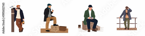 Collection of four flat vector illustrations of nautical men, including sailors and fishermen in coastal outfits with various maritime accessories on white background.