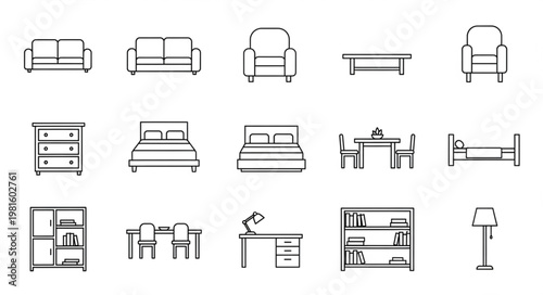 Collection of Hand Drawn Furniture Icons for Interior Design.