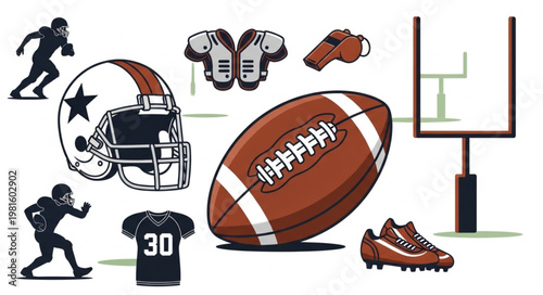 American Football Equipment and Players Illustration.