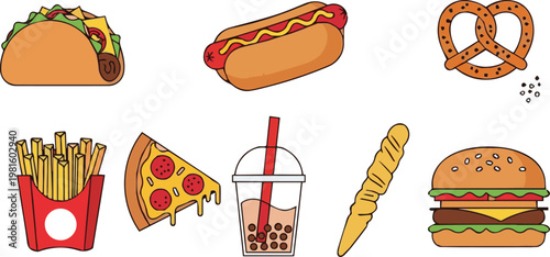 Illustration of various fast food items on a white background including tacos, hot dogs, pretzels, fries, pizza, soda, baguette, and burgers.