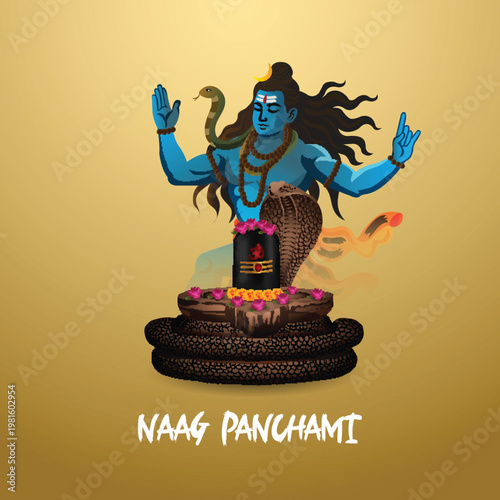 Cuadro en lienzo Happy nag panchami vector illustration of cobra and shivling
