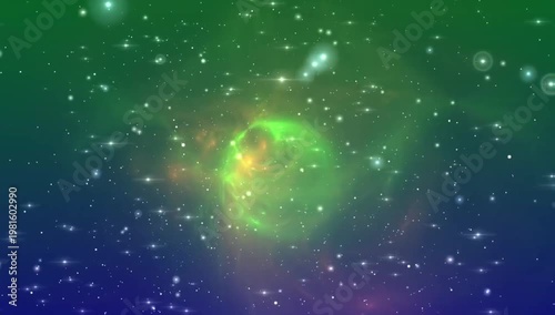 Green space nebula background with glowing stars and bright cosmic light flares in deep galaxy flight