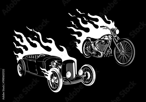 Black and white illustration of a vintage hot rod car and chopper motorcycle with flaming accents on a contrasting black background