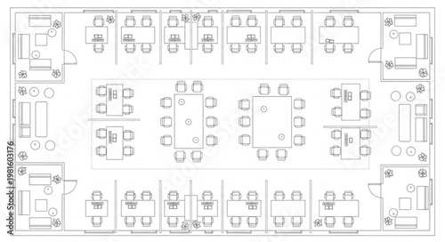 Office floor plan layout with meeting rooms and workstations.