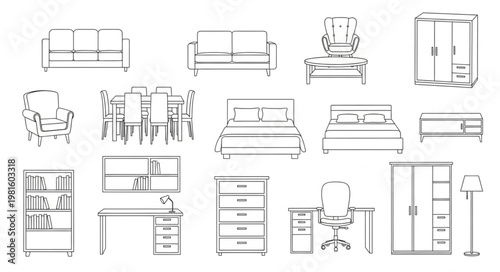 Collection of Furniture Line Drawings for Interior Design.