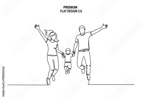 Canvastavla Continuous One Line Drawing of Happy Family Jumping Together