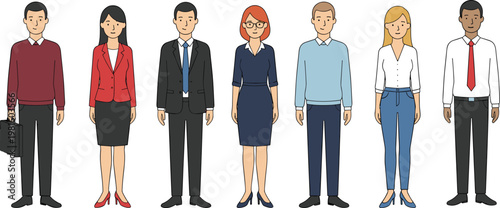 Diverse multiethnic business character set with modern professional and casual outfits