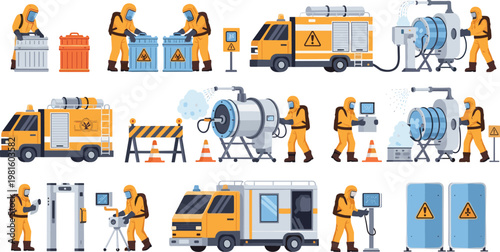 Hazardous Materials Handling and Safety Equipment Set with Workers in Protective Suits, Trucks, and Warning Signs for Environmental, Safety, and Emergency Themed Designs, Vector Illustration