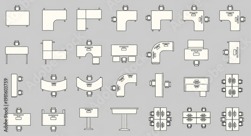 Collection of office desk and table top view layouts.