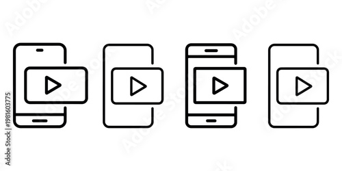 Set of four smartphone icons displaying video playback screens. mobile video streaming concept. online media content viewing