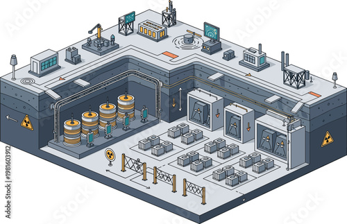 Industrial Facility with Hazardous Material Storage and Equipment for Engineering, Manufacturing, and Safety Themed Designs, Vector Illustration
