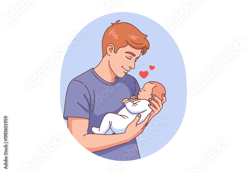 Happy Father Holding Sleeping Newborn Baby Illustration - Vector Art of Paternal Love and Parenting