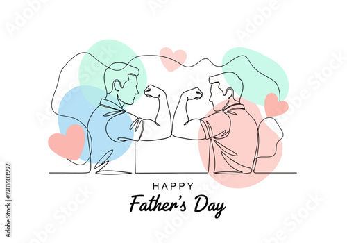 Happy Father's Day Continuous Line Art Illustration of Dad and Son Showing Muscles and Strength