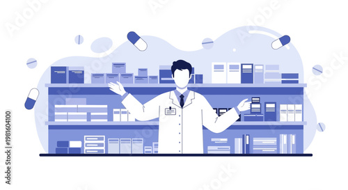 Pharmacist in front of shelves with medicine, pills floating around, healthcare concept
