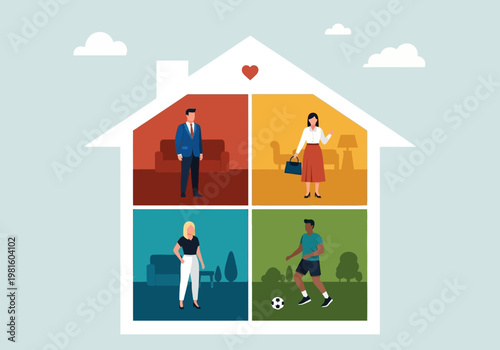 Diverse Lifestyles and Work-Life Balance Concept Illustration in a House Frame, Real Estate and Community Living Vector Art
