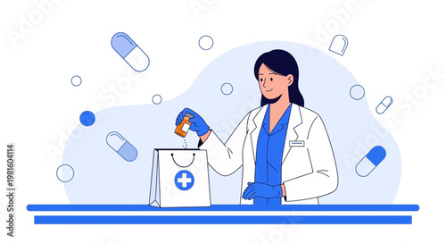 Pharmacist preparing medication in a pharmacy, surrounded by pills and capsules