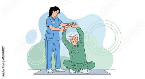 Physical therapist assisting elderly man with stretching exercise in rehabilitation center