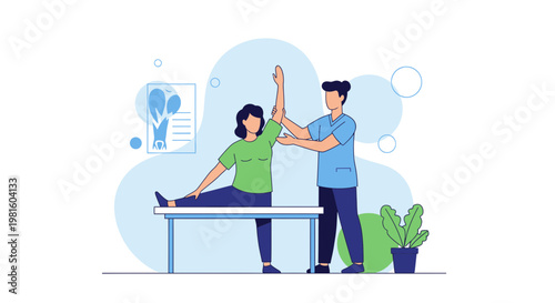 Physical therapist assisting patient with arm and leg stretch on examination table