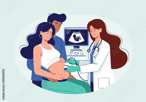 Pregnant Couple Having Ultrasound Scan with Female Doctor in Medical Clinic; Prenatal Care and Parenthood Concept Illustration