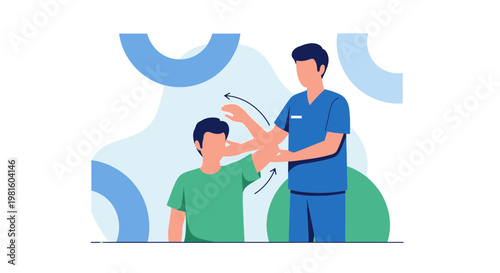 Physical therapist assisting patient with arm movement, rehabilitation, and recovery