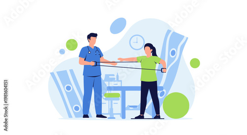 Physical therapist assisting patient with resistance band exercise for rehabilitation and strength training.