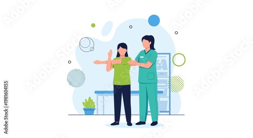 Physical therapist assisting patient with arm exercise, rehabilitation and recovery concept